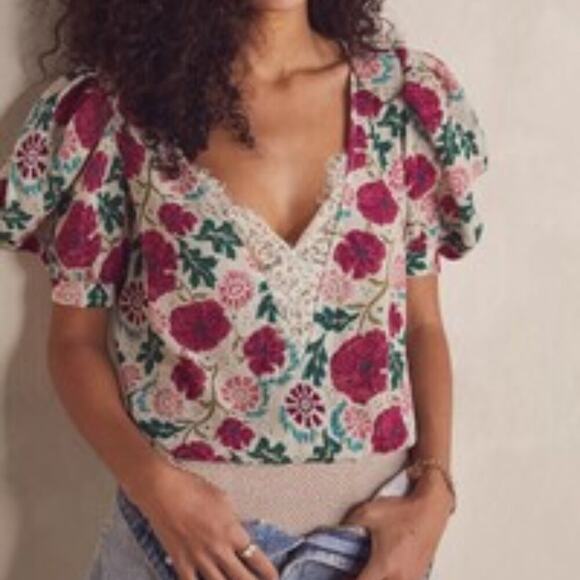 Free People Floral Romantic Boho Lace Open Back Bodysuit Puff Sleeves Size XS - Picture 2 of 11